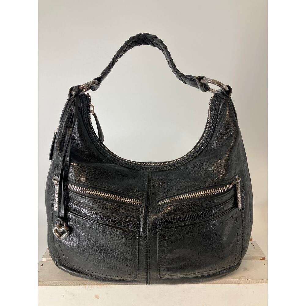 BRIGHTON LARGE BLACK LEATHER, ANIMAL PRINT TRIM SHOULDER BAG
